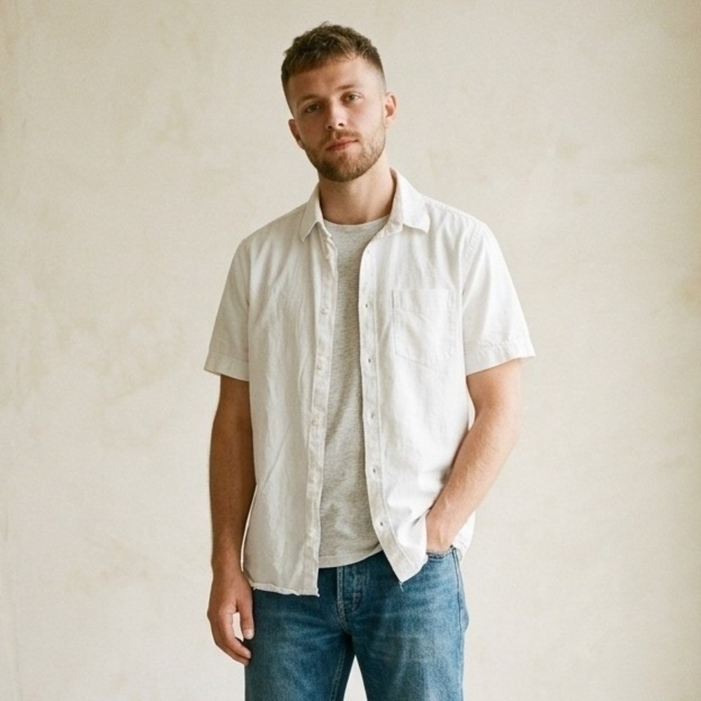 NN07 Leon SS Shirt Mens Large White Cotton Linen Pocket Button Up Minimalist